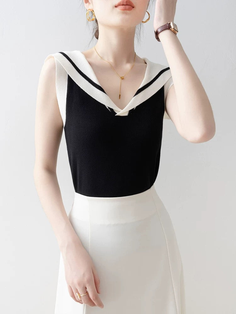 Black navy collar striped knitted small vest for women 2025 new summer inner wear and outer wear hot girl sleeveless top