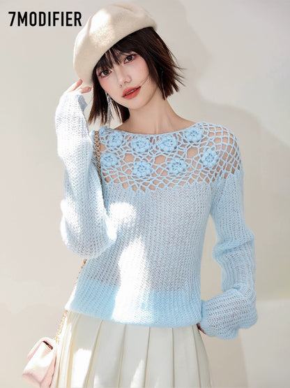 La Chapelle 7M2025 autumn fashion three-dimensional flower hollow pullover slim long-sleeved knitted sweater top for women