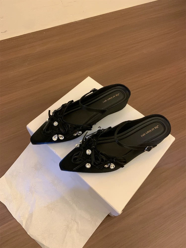 Huanli "Brilliant Flowers" Hidden Heel Strap Closed-Toe Half-Slippers Women's Summer Outer Wear Bow Rhinestone Sandals
