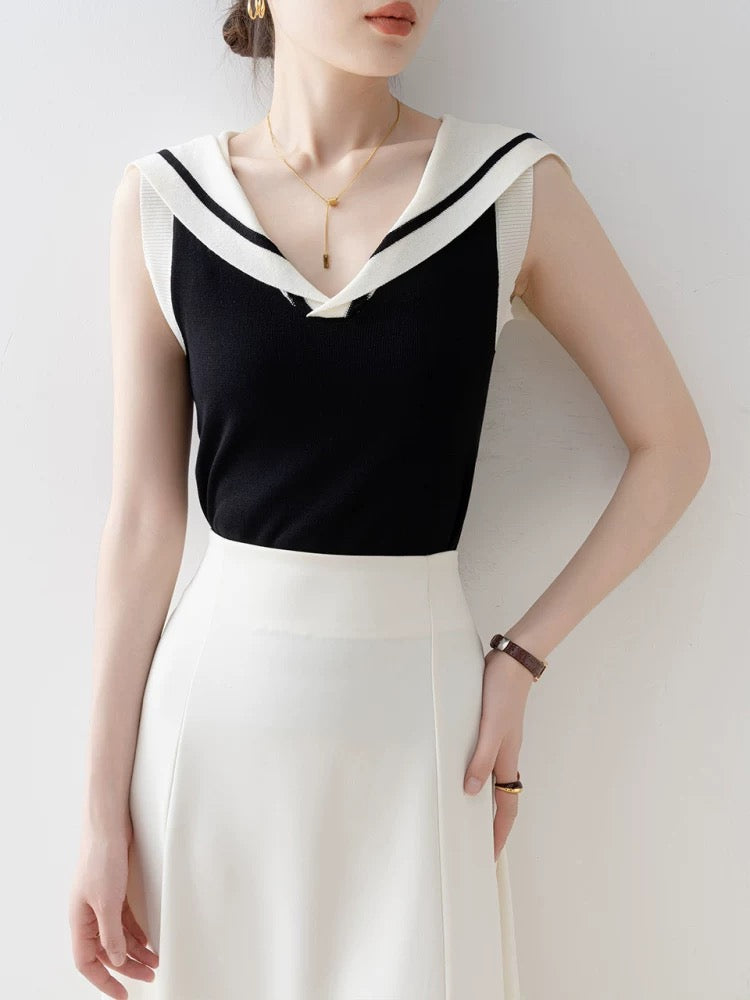 Black navy collar striped knitted small vest for women 2025 new summer inner wear and outer wear hot girl sleeveless top