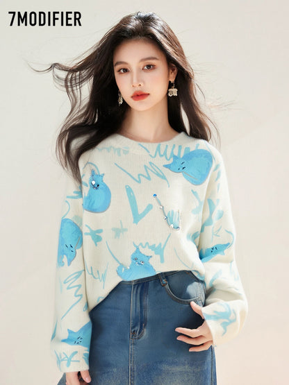 La Chapelle 7M2025 Autumn Creative Graffiti Beaded Round Neck Pullover Slim Long Sleeve Knitted Sweater Tops Women
