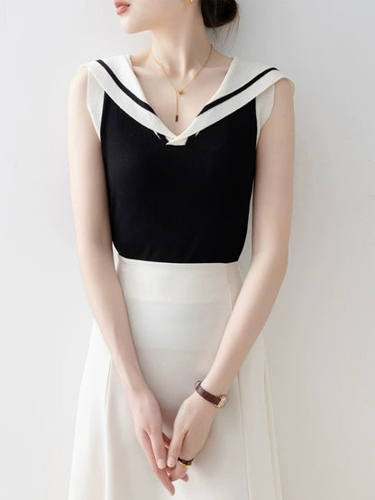 Black navy collar striped knitted small vest for women 2025 new summer inner wear and outer wear hot girl sleeveless top