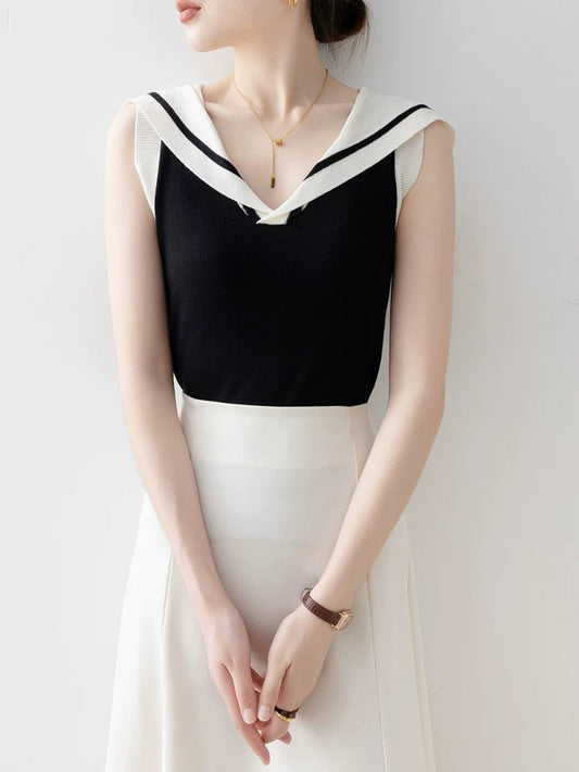 Black navy collar striped knitted small vest for women 2025 new summer inner wear and outer wear hot girl sleeveless top