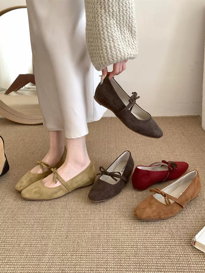 Heel wedge version ~ French gentle bow heel wedge low-cut single shoes spring and autumn suede grandma shoes Mary Jane shoes