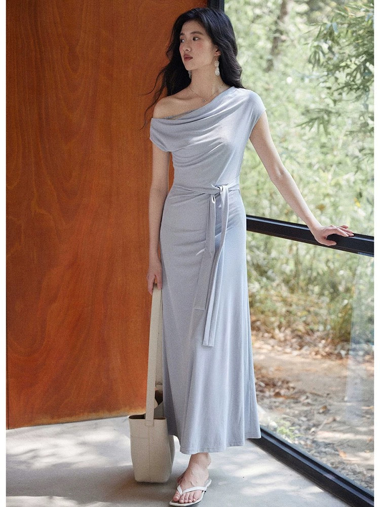 Eryang Design [Yanluo] Commuter Temperament Drape Lace Splicing Dress Women's Off-shoulder Slimming Minimalist Long Dress
