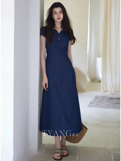 Eryang Design [Indigo Shadow] French retro blue dress for women, commuting, short sleeves, waist-length dress, slimming, summer
