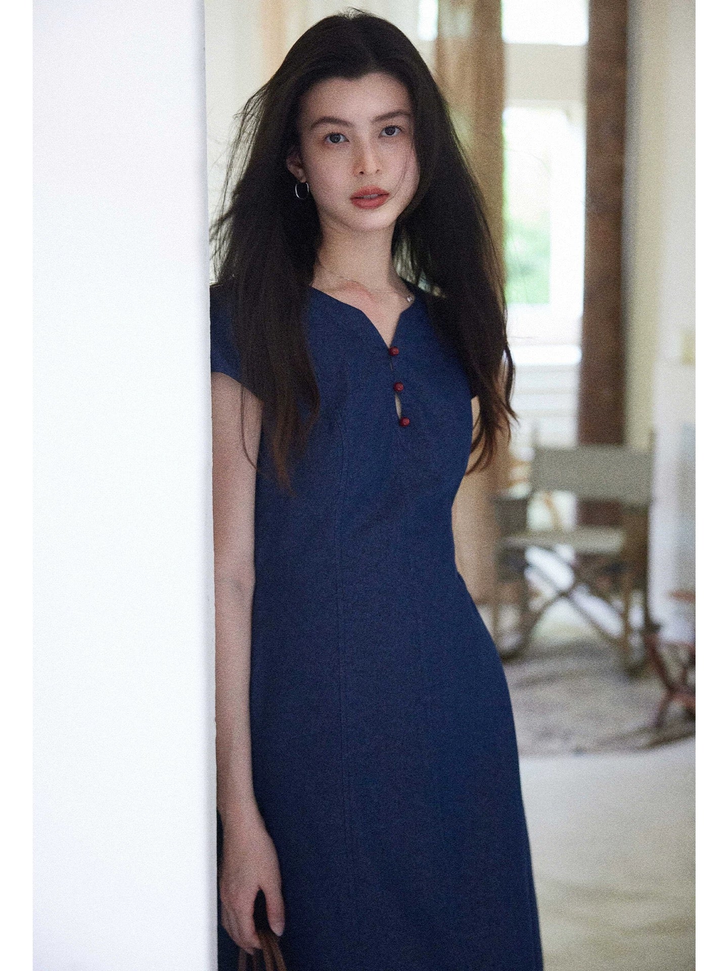 Eryang Design [Indigo Shadow] French retro blue dress for women, commuting, short sleeves, waist-length dress, slimming, summer