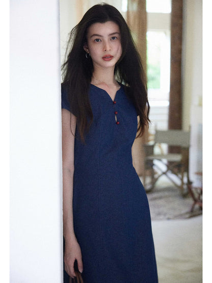 Eryang Design [Indigo Shadow] French retro blue dress for women, commuting, short sleeves, waist-length dress, slimming, summer