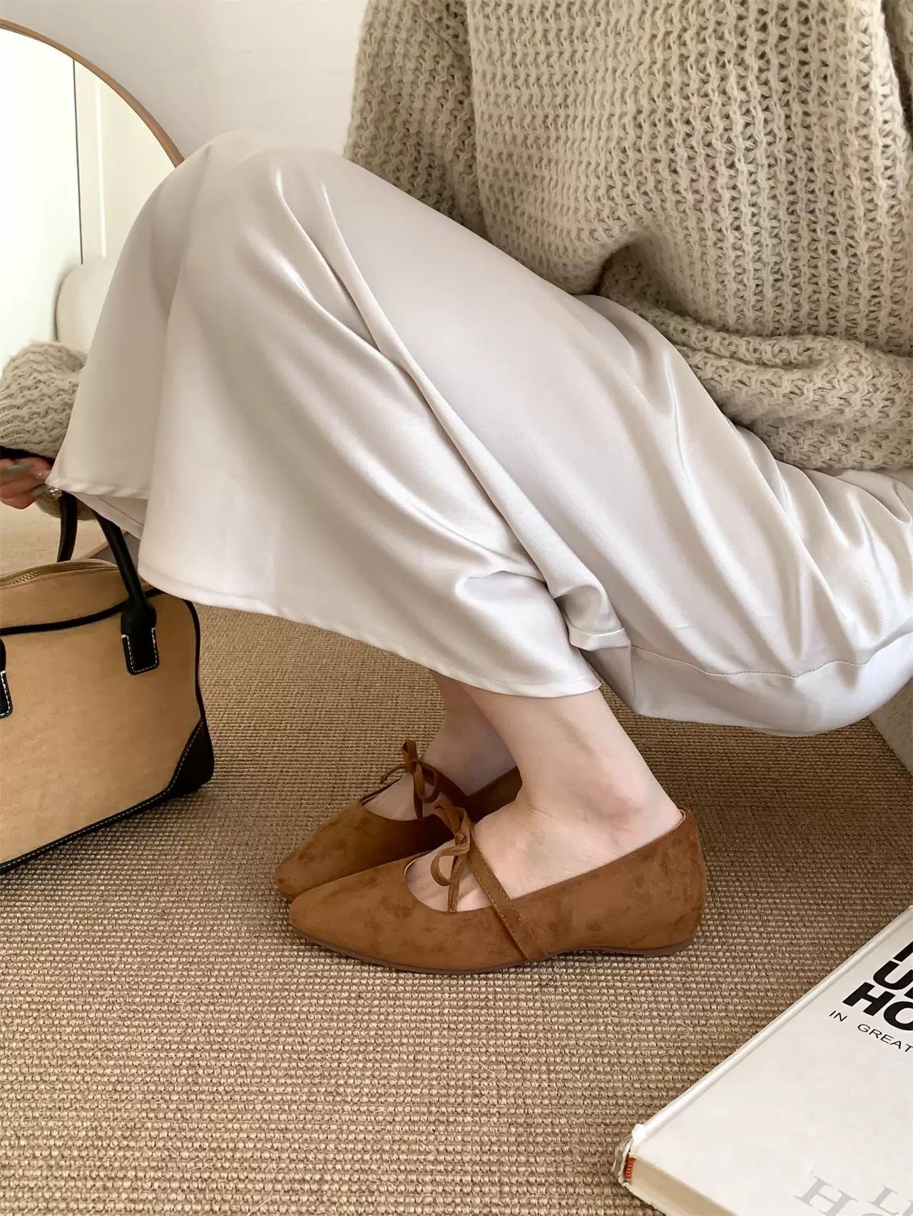 Heel wedge version ~ French gentle bow heel wedge low-cut single shoes spring and autumn suede grandma shoes Mary Jane shoes