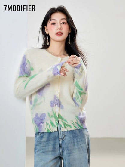 La Chapelle 7M2025 autumn gradient flower print cardigan top coat fashionable all-match knitted sweater women