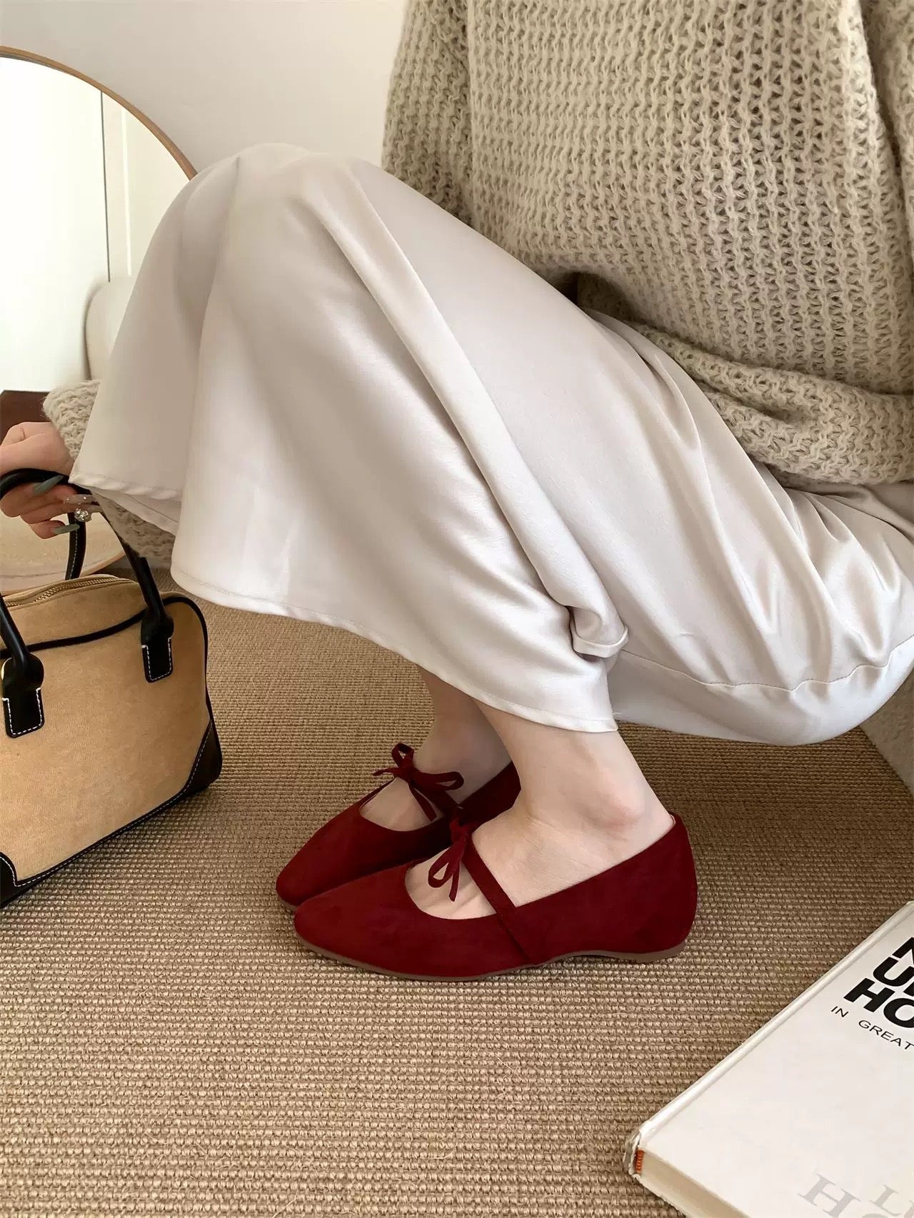 Heel wedge version ~ French gentle bow heel wedge low-cut single shoes spring and autumn suede grandma shoes Mary Jane shoes