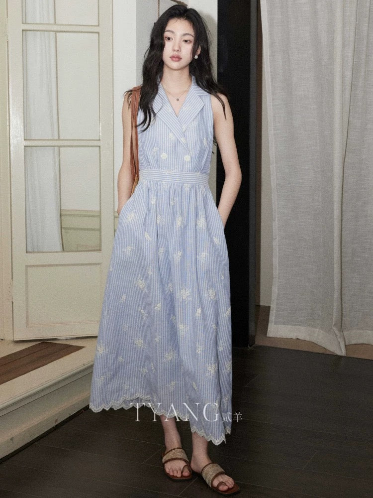 Eryang Design [Shanyueji] Literary Lapel Blue Striped Embroidered Flower A-line Vest Dress Waist Dress
