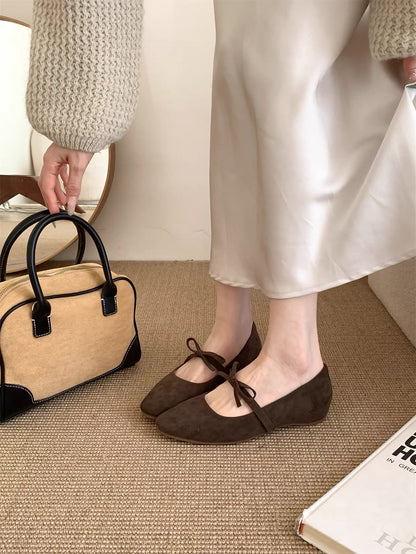 Heel wedge version ~ French gentle bow heel wedge low-cut single shoes spring and autumn suede grandma shoes Mary Jane shoes