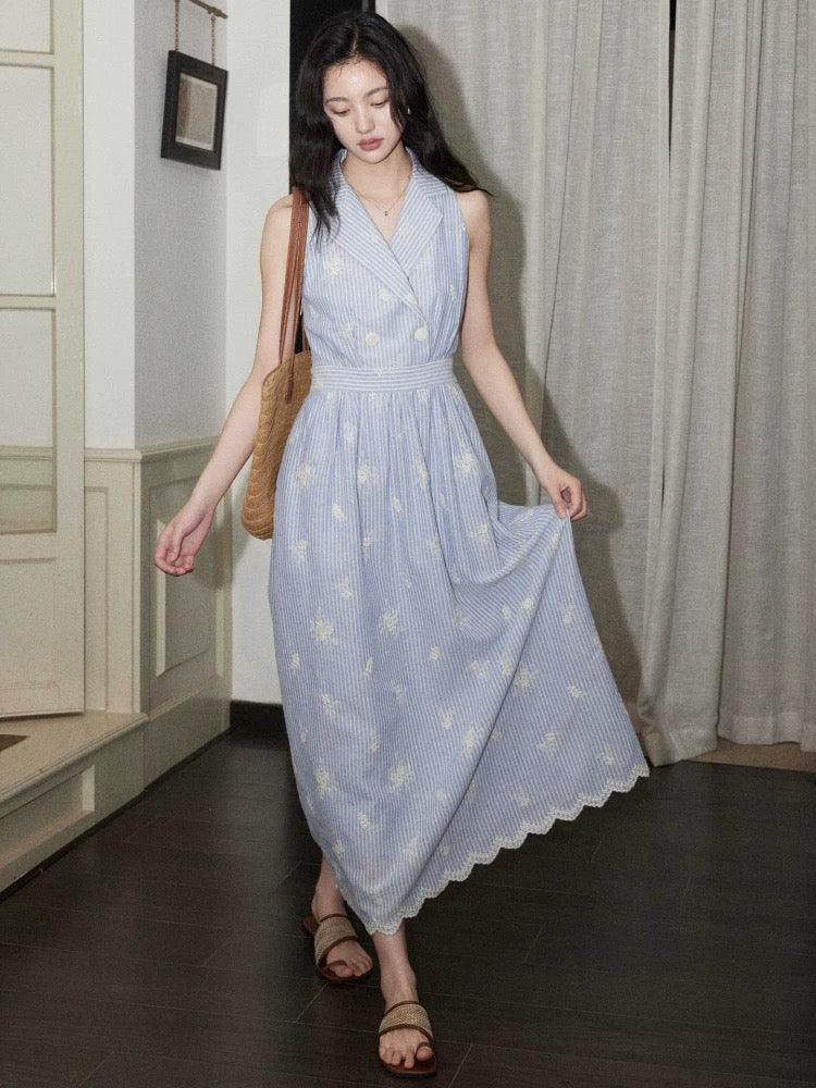 Eryang Design [Shanyueji] Literary Lapel Blue Striped Embroidered Flower A-line Vest Dress Waist Dress