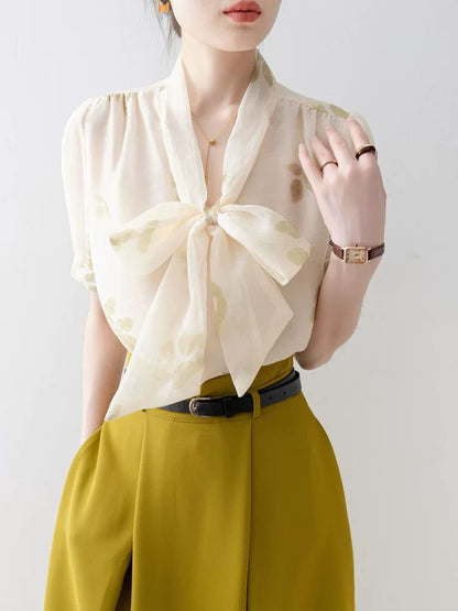 Shirt for women 2025 new hot summer French V-neck temperament short-sleeved shirt bow design top