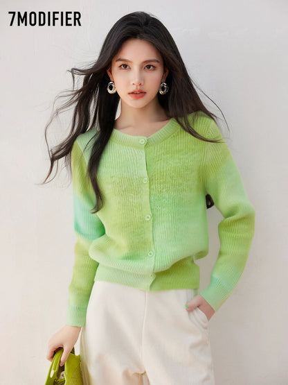 La Chapelle 7M2025 autumn creative gradient loose long-sleeved sweater round neck single-breasted cardigan top