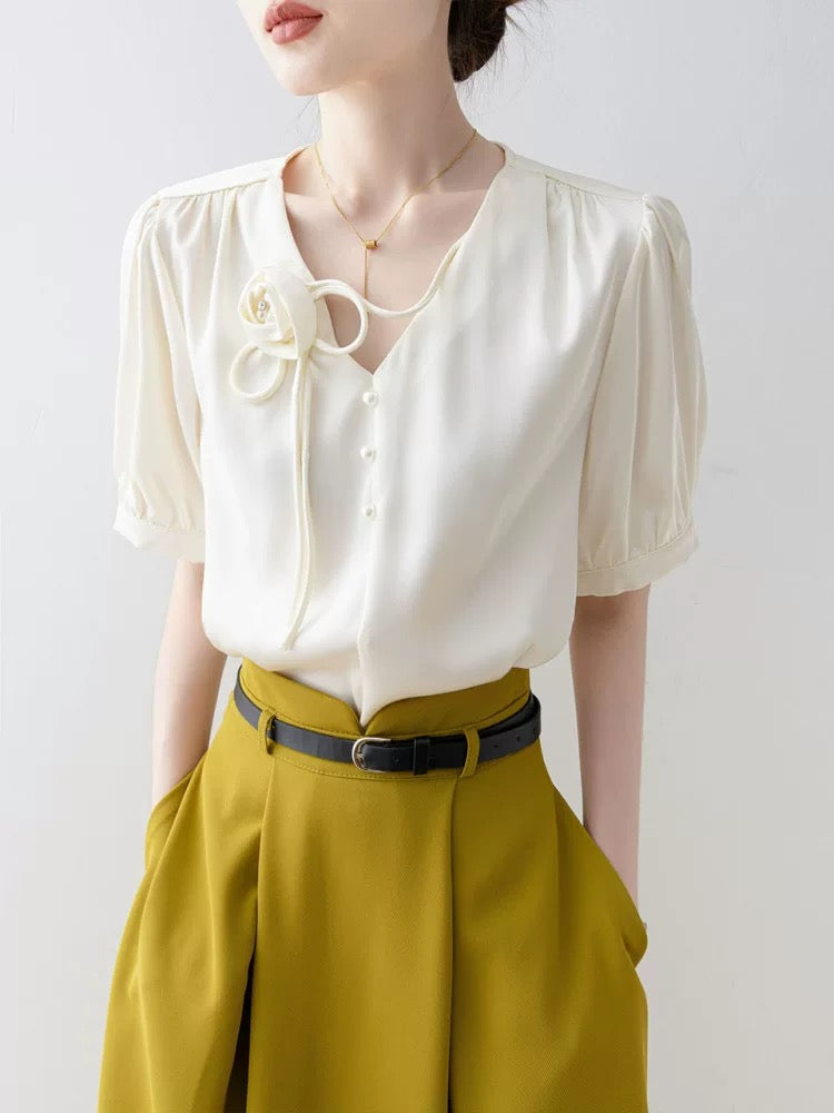 French apricot V-neck chiffon shirt 2025 new summer temperament women's tops loose pullover short-sleeved shirt