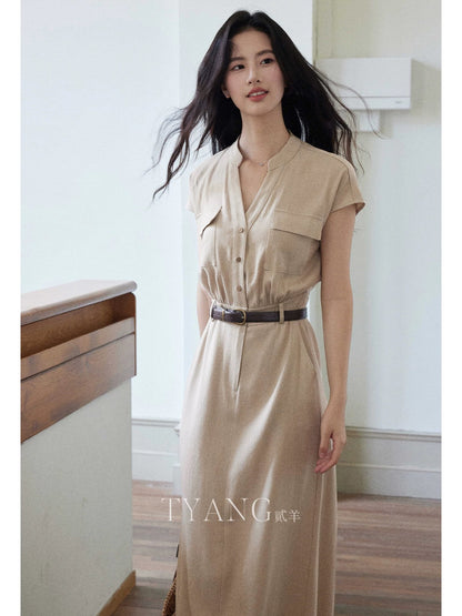 Eryang Design [Xingqian] Design commuting temperament cotton and linen dress women's short-sleeved shirt dress waist long skirt