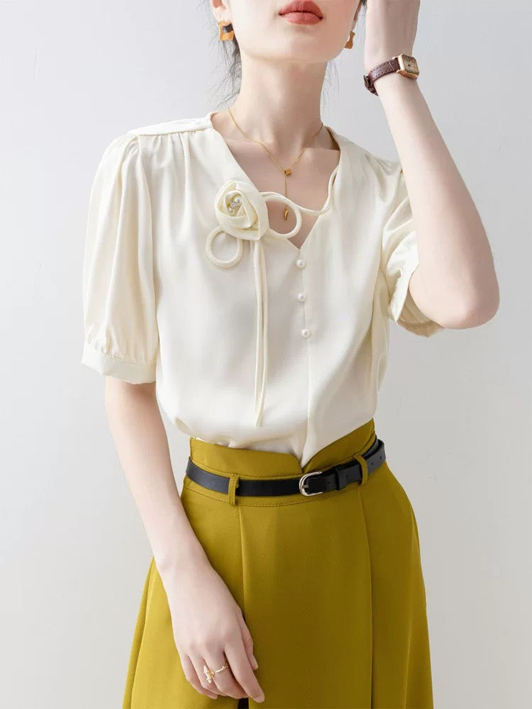 French apricot V-neck chiffon shirt 2025 new summer temperament women's tops loose pullover short-sleeved shirt