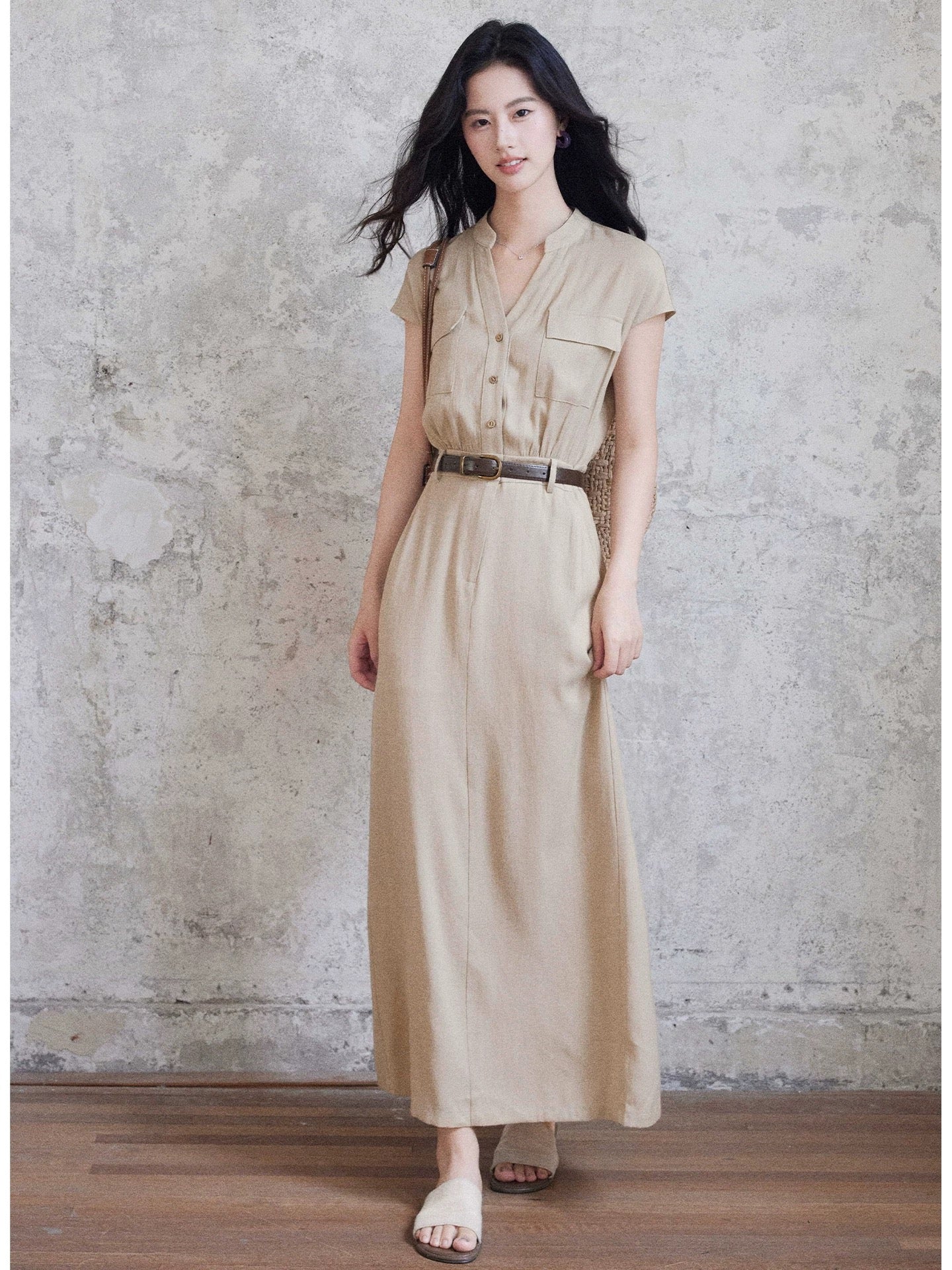 Eryang Design [Xingqian] Design commuting temperament cotton and linen dress women's short-sleeved shirt dress waist long skirt