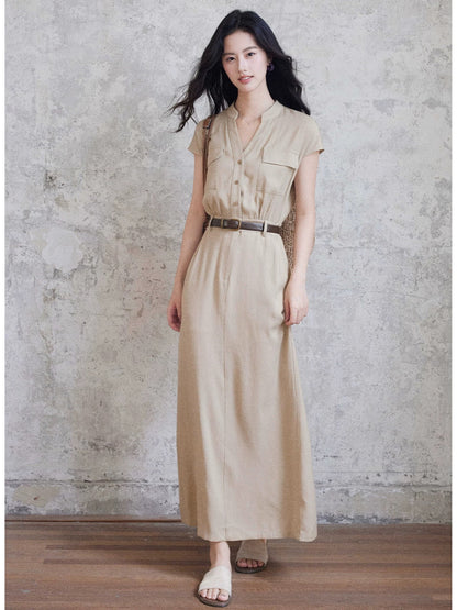 Eryang Design [Xingqian] Design commuting temperament cotton and linen dress women's short-sleeved shirt dress waist long skirt