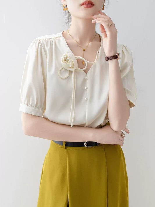 French apricot V-neck chiffon shirt 2025 new summer temperament women's tops loose pullover short-sleeved shirt