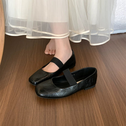 Retro Mori Girl Fairy Ballet Shoes Women's Spring and Autumn Elastic Band Square Toe Flat Single Shoes Grandma Shoes Soft Sole Polo Shoes