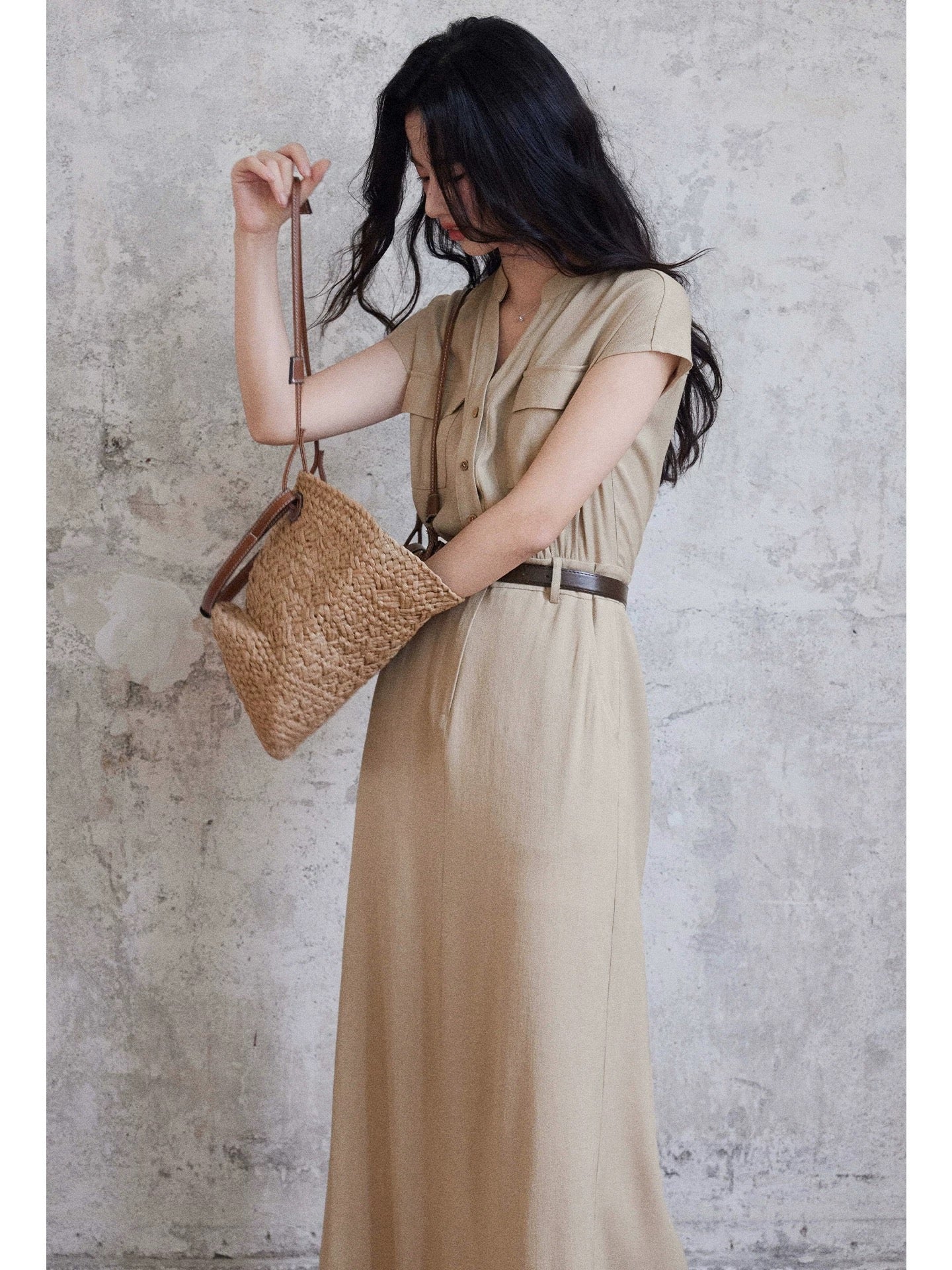 Eryang Design [Xingqian] Design commuting temperament cotton and linen dress women's short-sleeved shirt dress waist long skirt