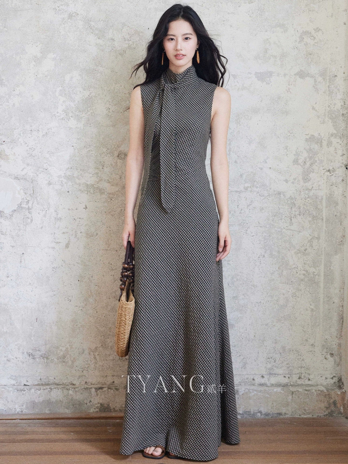 Eryang Design [Lingbo] Retro Geometric Fishtail Dress Women's Flowing Neck Slim Fit Pure Cotton Bias-cut Long Dress