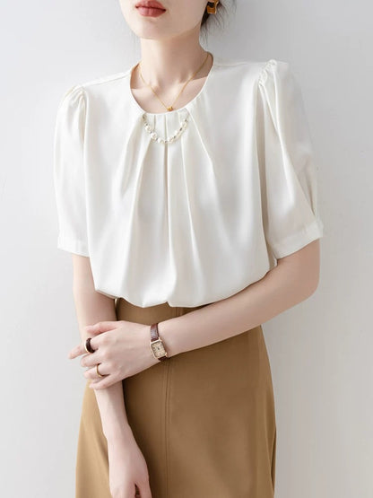 Apricot loose round neck shirt for women 2025 summer new style high-end light luxury age-reducing western-style shirt short-sleeved top