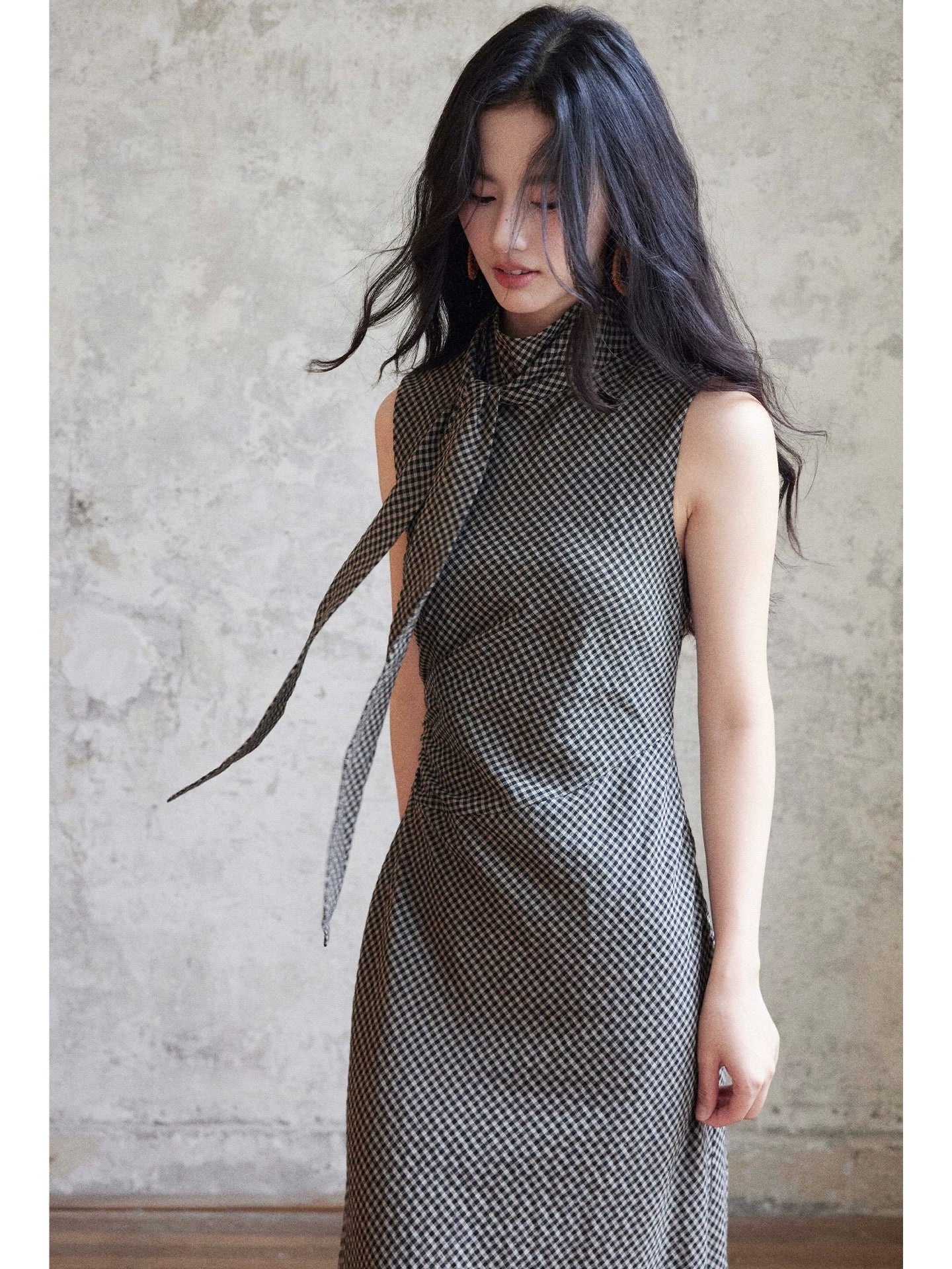 Eryang Design [Lingbo] Retro Geometric Fishtail Dress Women's Flowing Neck Slim Fit Pure Cotton Bias-cut Long Dress