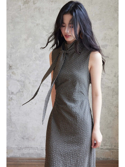 Eryang Design [Lingbo] Retro Geometric Fishtail Dress Women's Flowing Neck Slim Fit Pure Cotton Bias-cut Long Dress
