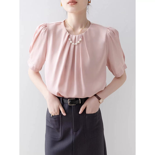 Apricot loose round neck shirt for women 2025 summer new style high-end light luxury age-reducing western-style shirt short-sleeved top