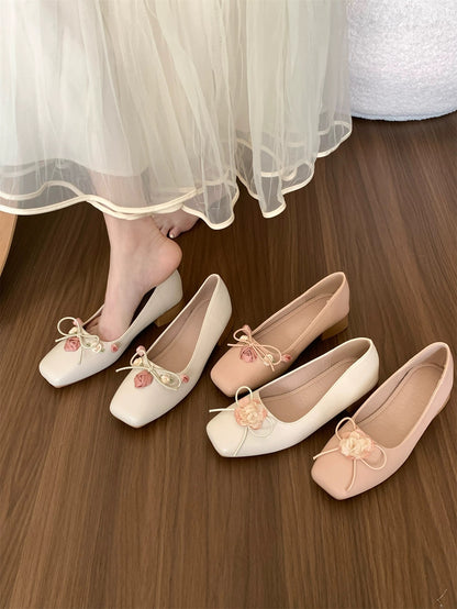 Gentle and feminine style~ French chunky heel bow low-cut flats for women, perfect for spring and autumn, paired with skirts, fairy-like and versatile soft-soled shoes