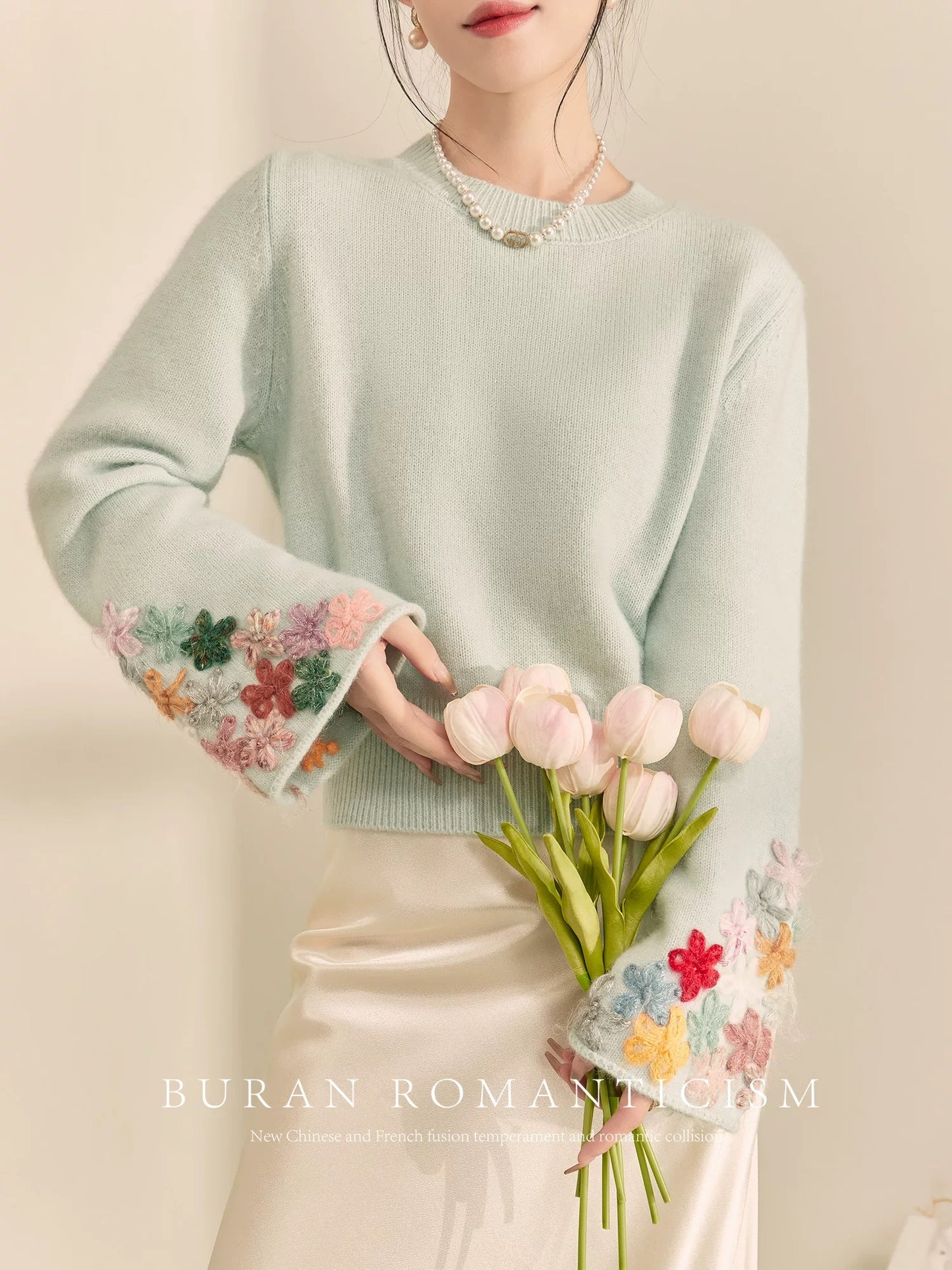 BURAN Western-style unique and unique sweater blue hand-crocheted heavy-duty design niche high-end knitted top