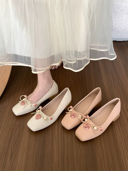 Gentle and feminine style~ French chunky heel bow low-cut flats for women, perfect for spring and autumn, paired with skirts, fairy-like and versatile soft-soled shoes