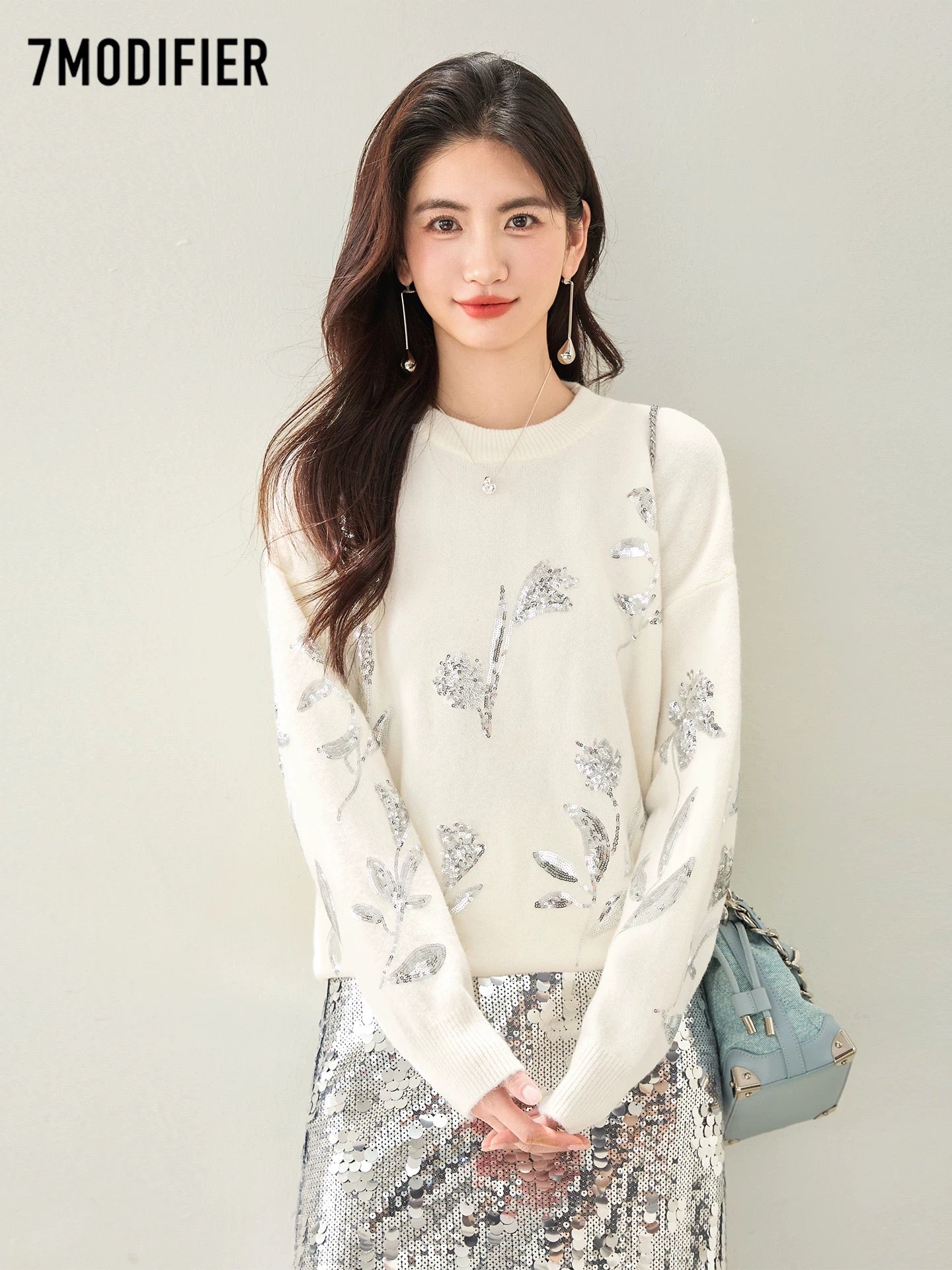 La Chapelle 7M2025 autumn Korean fashion sequin floral design round neck pullover sweater tops for women