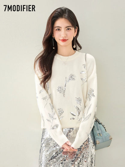 La Chapelle 7M2025 autumn Korean fashion sequin floral design round neck pullover sweater tops for women