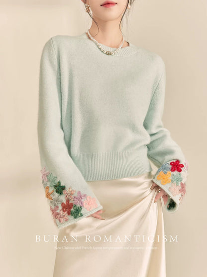 BURAN Western-style unique and unique sweater blue hand-crocheted heavy-duty design niche high-end knitted top
