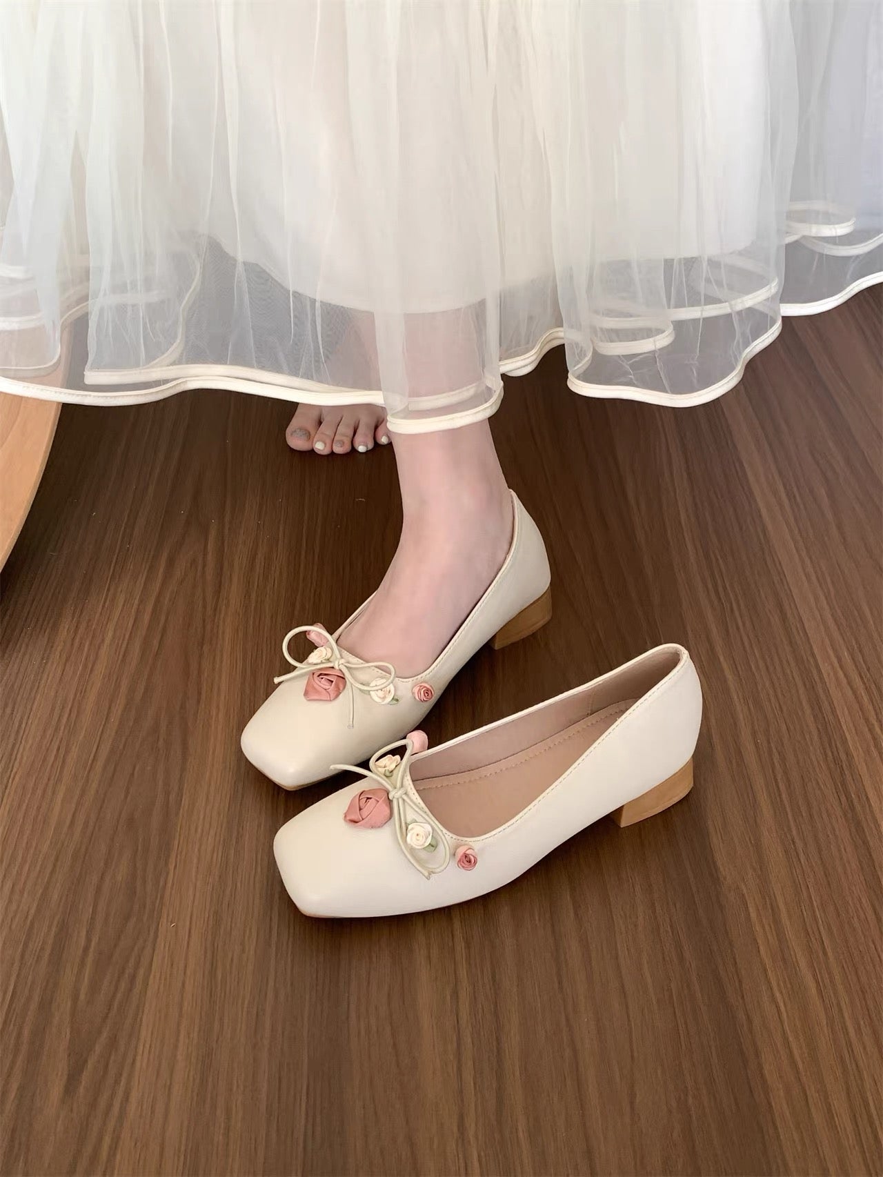 Gentle and feminine style~ French chunky heel bow low-cut flats for women, perfect for spring and autumn, paired with skirts, fairy-like and versatile soft-soled shoes