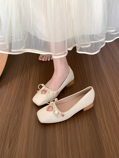 Gentle and feminine style~ French chunky heel bow low-cut flats for women, perfect for spring and autumn, paired with skirts, fairy-like and versatile soft-soled shoes