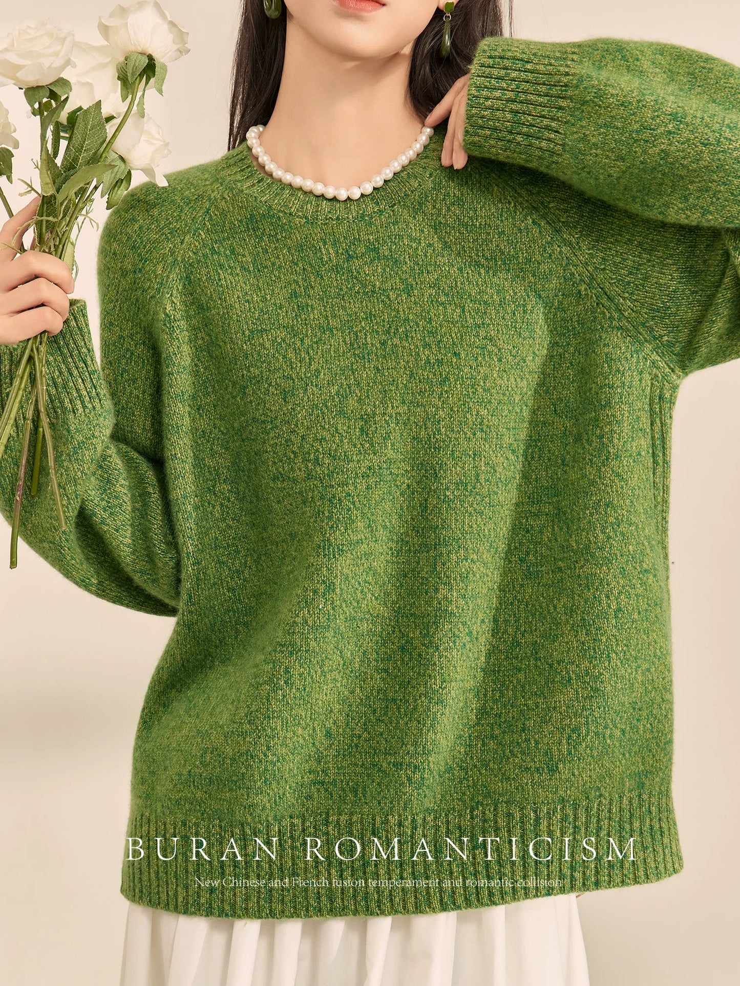 BURAN lazy style autumn and winter sweater round neck green retro gentle temperament high-end loose knitted bottoming shirt