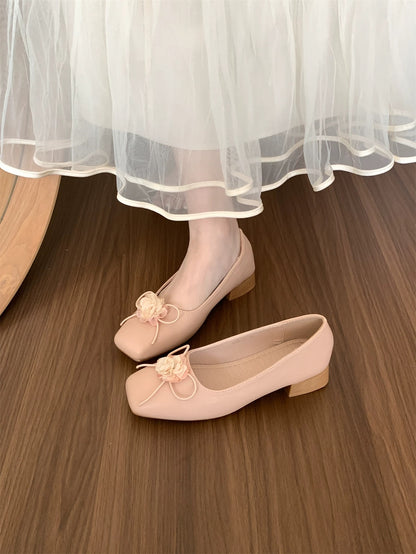 Gentle and feminine style~ French chunky heel bow low-cut flats for women, perfect for spring and autumn, paired with skirts, fairy-like and versatile soft-soled shoes