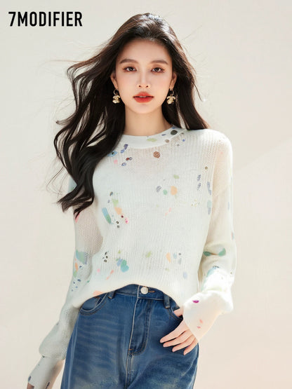 La Chapelle 7M2025 autumn Korean version creative graffiti round neck pullover slim long sleeve knitted sweater tops for women
