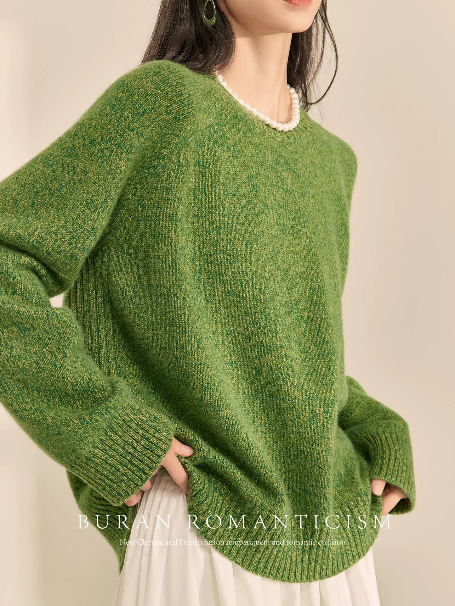 BURAN lazy style autumn and winter sweater round neck green retro gentle temperament high-end loose knitted bottoming shirt