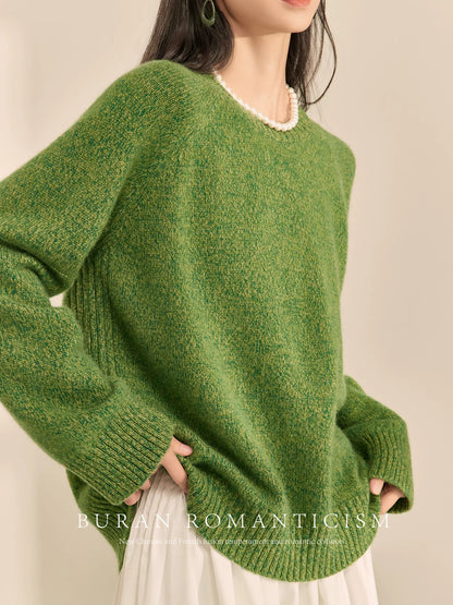 BURAN lazy style autumn and winter sweater round neck green retro gentle temperament high-end loose knitted bottoming shirt