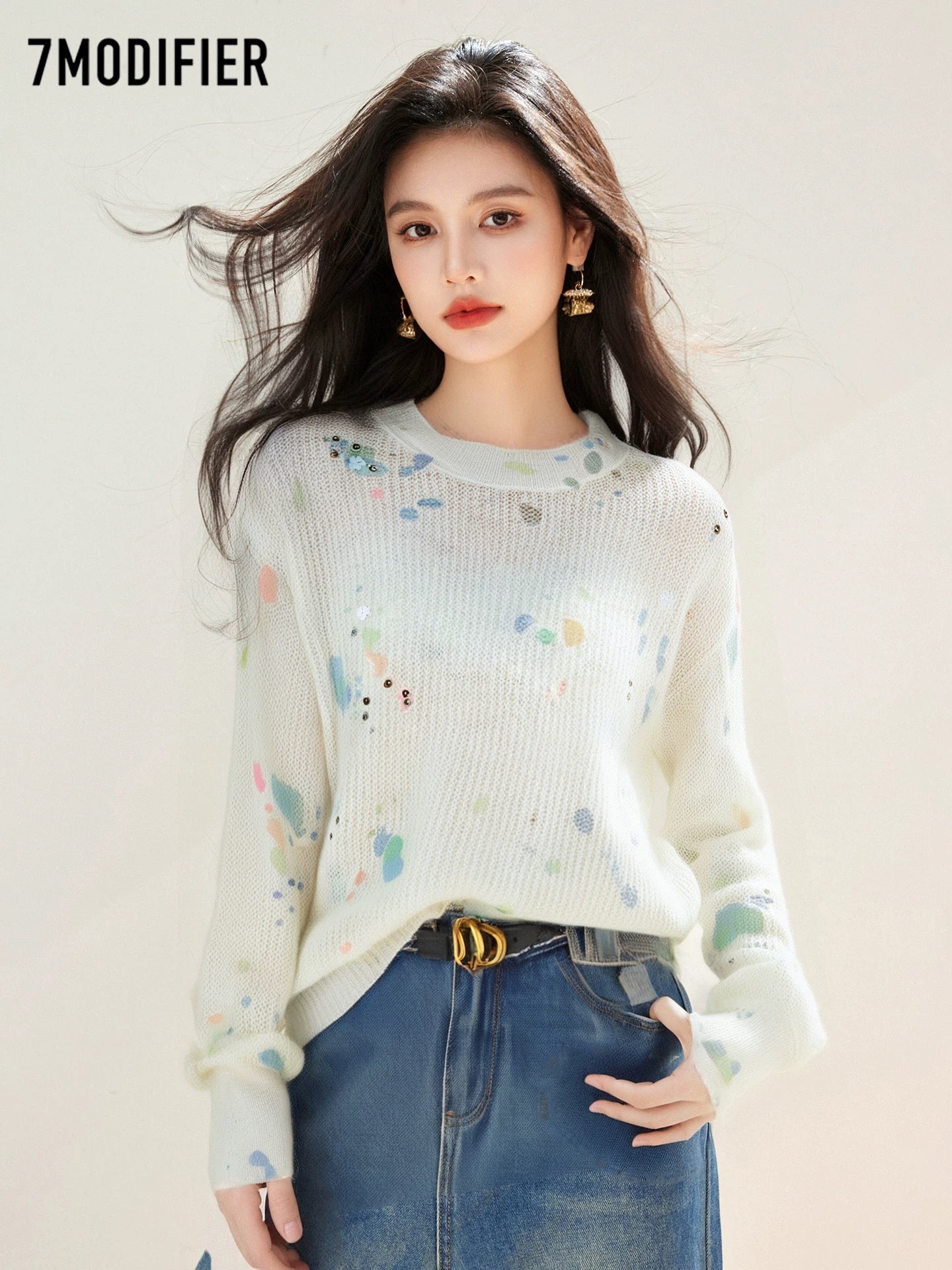 La Chapelle 7M2025 autumn Korean version creative graffiti round neck pullover slim long sleeve knitted sweater tops for women