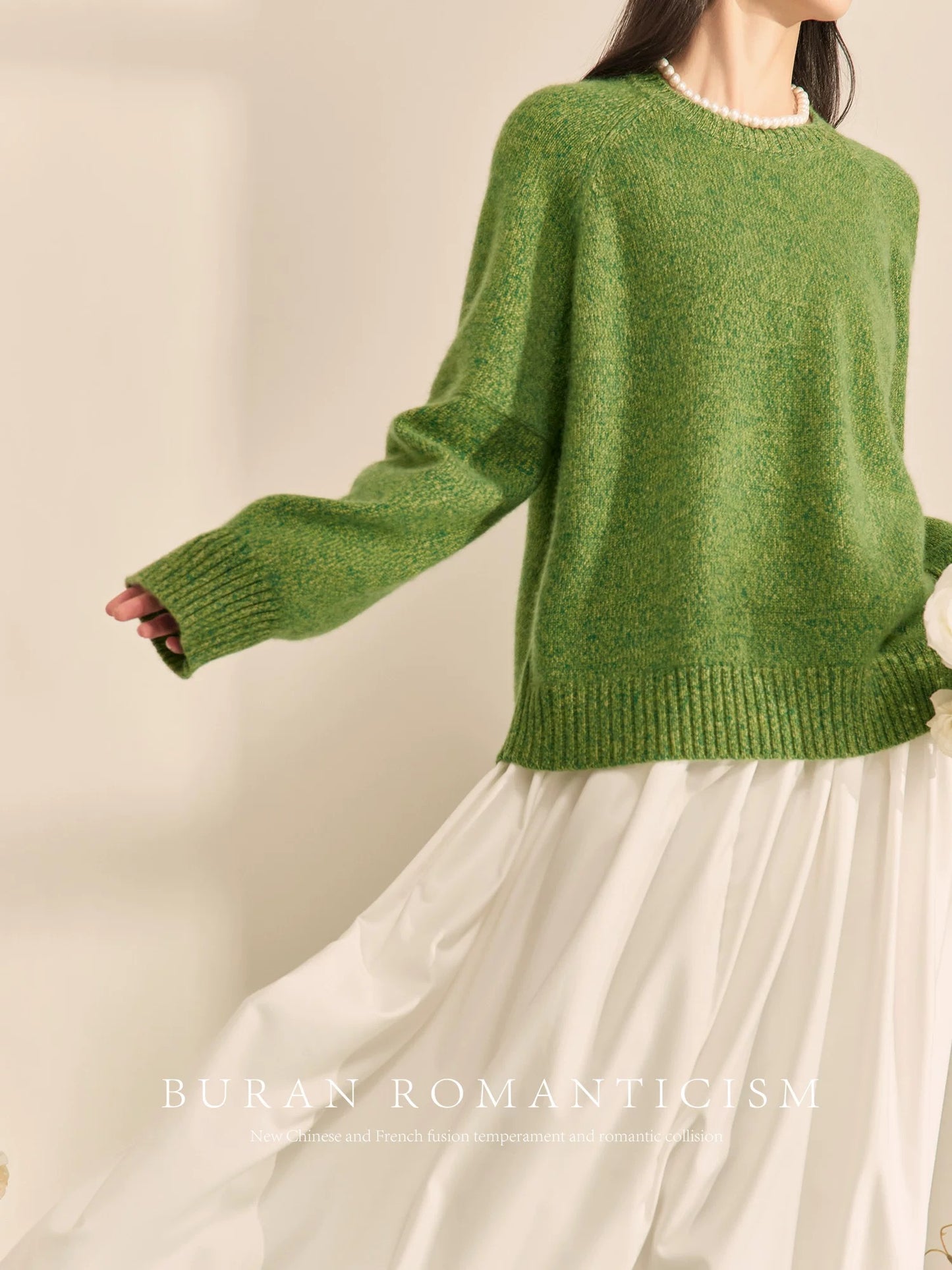 BURAN lazy style autumn and winter sweater round neck green retro gentle temperament high-end loose knitted bottoming shirt