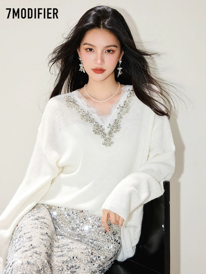 La Chapelle 7M2025 autumn fashion hot diamond lace V-neck loose pullover long-sleeved knitted sweater top for women