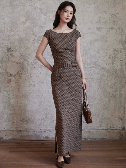 Eryang Design [Jiayun] High-end retro plaid straight dress for women with a stylish waist and short sleeves